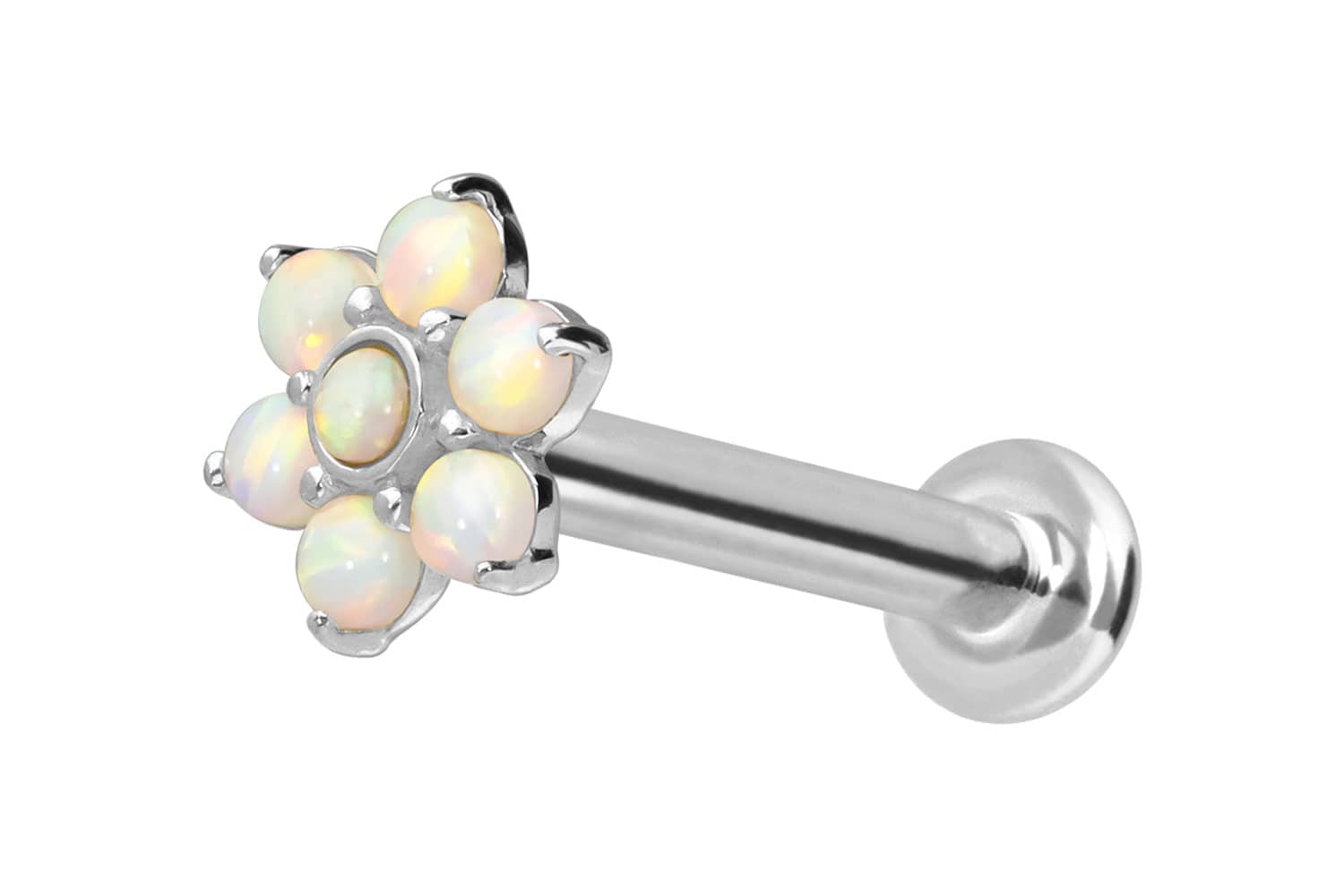 14 Karat Gold Labret Piercing mit Push Fit BLUME + 7 SYNTHETISCHE OPALE